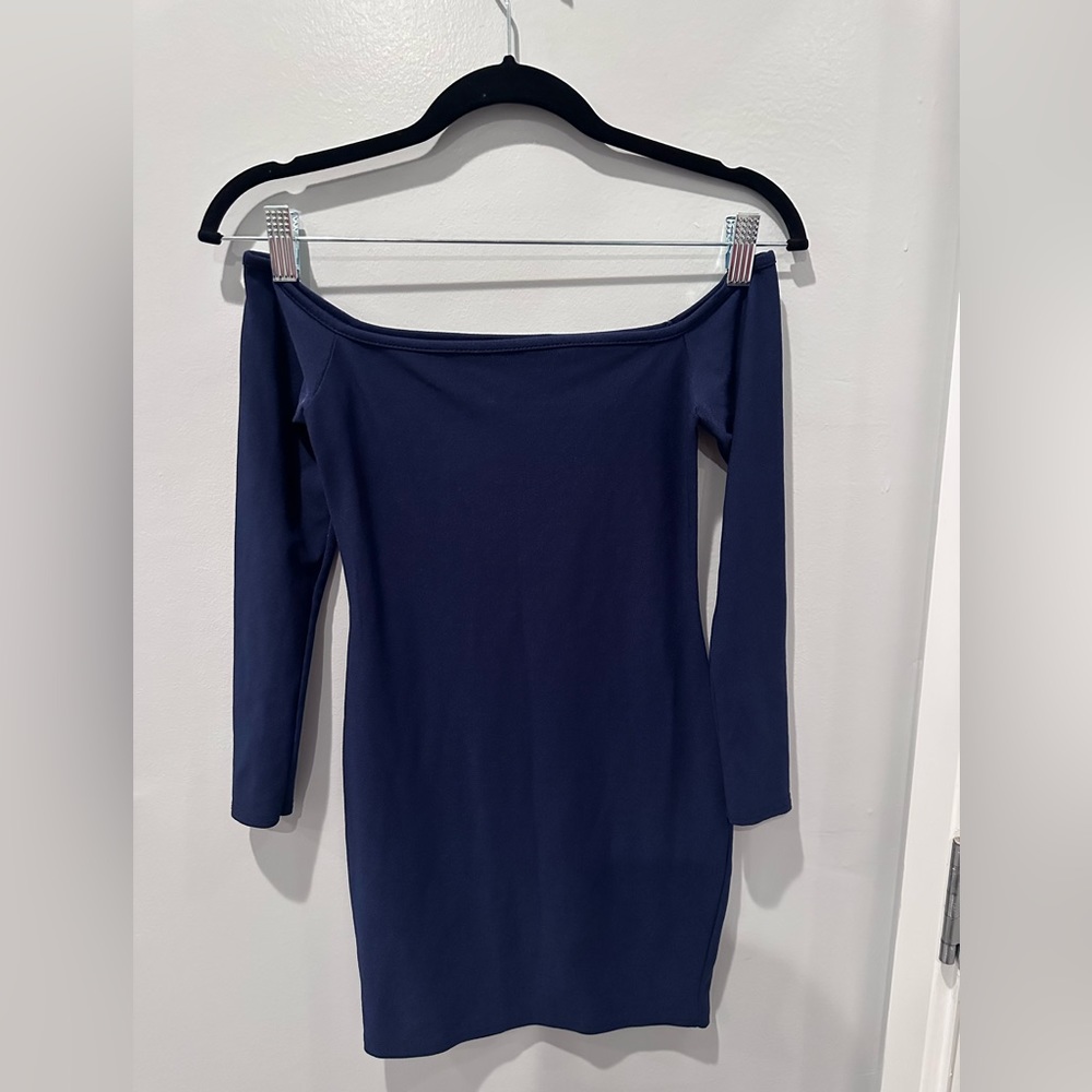 Long sleeve off the shoulder blue mini dress PLT